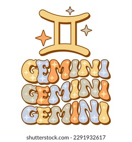 Gemini zodiac sign. Retro wavy text horoscope design.