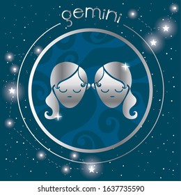 gemini zodiac sign silver seal vector illustration design