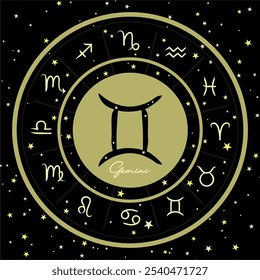 Gemini zodiac sign in a starry circle, surrounded by all zodiac signs. Perfect for astrology themes, horoscope visuals, and celestial designs. Dark cosmic background. Ideal for digital or print use