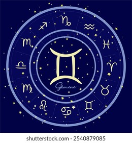 Gemini zodiac sign in a starry circle, surrounded by all zodiac signs. Perfect for astrology themes, horoscope visuals, and celestial designs. Dark blue cosmic background.