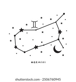 Gemini zodiac sign, stars, moon, on white background, boho vector art