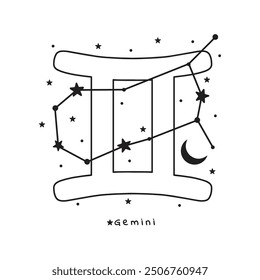 Gemini zodiac sign, stars, moon, on white background, boho vector art