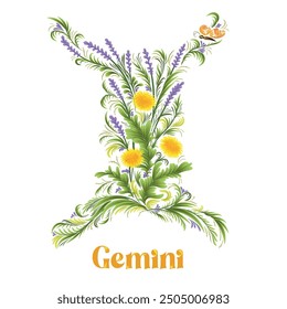 Gemini. Zodiac sign stylized in vector. Petrikovka, flowers