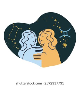 Gemini, Zodiac sign. Twins, astrology couple, pair symbol, horoscope icon. Two people, star constellation, celestial sticker. Hand drawn vector illustration.