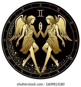 Gemini Zodiac Sign. Two angels. Twins. Golden circle on a black background. Vector illustration.