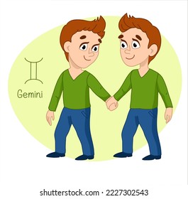Gemini zodiac sign. 
The two boys walk hand in hand. Isolate vector illustration. Character Boy on a white background.  Hand drawn illustration.