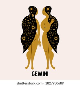 Gemini. Zodiac sign. Two girls are twins. Constellation of Gemini. Vector illustration in a flat style.