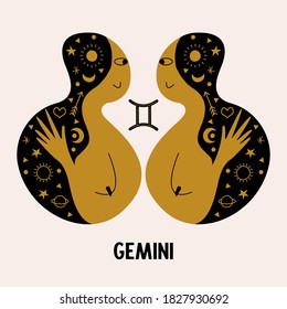 Gemini. Zodiac sign. Two girls are twins. Constellation of Gemini. Vector illustration in a flat style.