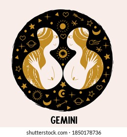 Gemini. Zodiac sign. Two girls are twins. Constellation of Gemini. Vector illustration in a flat style.