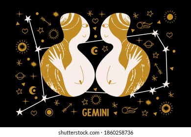 Gemini. Zodiac sign. Two girls are twins. Constellation of Gemini. Vector illustration in a flat style.