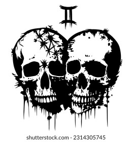 Gemini zodiac sign. Two human skulls, as a zodiac sign Gemini. Vector black and white illustration isolated on white.