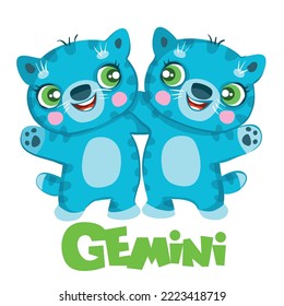 Gemini zodiac sign, two identical blue cats, year of the cat, isolated object on white background, cartoon illustration, vector, eps