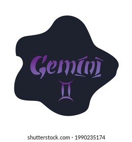 Gemini zodiac sign. Vector hand lettering. The purple gradient on the deep blue background. Calligraphy, astrology, astronomy, birth sign