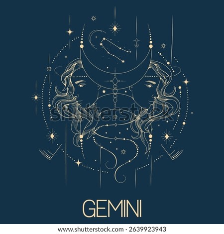 Gemini zodiac sign vector line drawn illustration, horoscope character, stars, constellation and celestial elements in line art style