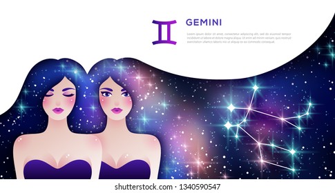 Gemini zodiac sign web banner layout. Horoscope symbol as twin girls characters. Space, stars in hair with gradient effect. Constellation vector illustration with copyspace. Astrological article page