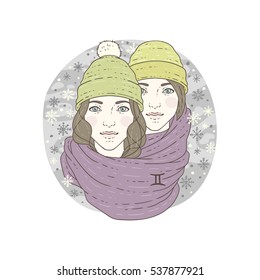 Gemini zodiac sign. Winter season illustration. Vector illustration isolated on white.