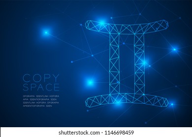 Gemini Zodiac sign wireframe Polygon frame structure, Fortune teller concept design illustration isolated on blue gradient background with copy space, vector eps 10