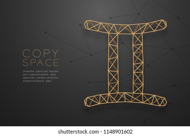 Gemini Zodiac sign wireframe Polygon golden frame structure, Fortune teller concept design illustration isolated on black gradient background with copy space, vector eps 10