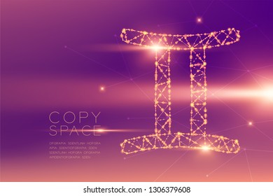 Gemini Zodiac sign wireframe polygon futuristic bokeh light frame structure and lens flare, Fortune teller concept design illustration isolated on purple gradients background with copy space