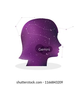 Gemini zodiac sign. Woman portrait in profile. Horoscope symbol, linear constellation. Star universe texture. Vector illustration