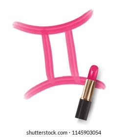 Gemini Zodiac sign write by Lipstick pink color illustration, star constellation concept design isolated on white background, with copy space