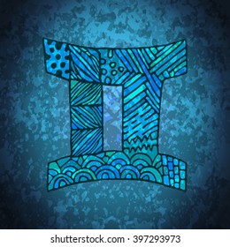 Gemini zodiac sign. Zodiac zentangle sign. Zodiac symbol. Zentangle doodle zodiac. Zentangle style vector. Zodiac symbol. Gemini horoscope. Gemini zodiac grunge banner.