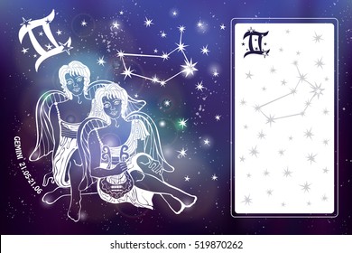 Gemini  Zodiac sign.Twin Horoscope constellation,stars.Abstract space dark sky blurred background,stars,shiny bokeh.Vector science background.Symbol, Astrology Illustration,Gemini boys  silhouette
