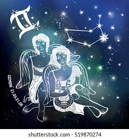 Gemini  Zodiac sign.Twin Horoscope constellation,stars.Abstract space dark sky blurred background,stars,shiny bokeh.Vector science background.Symbol, Astrology Illustration,Gemini boys  silhouette
