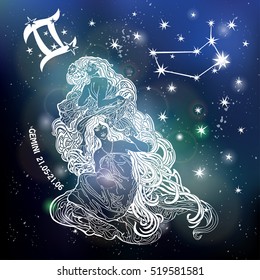 Gemini Zodiac sign.Twins Horoscope constellation,stars.Abstract space dark sky blurred background, stars,shiny bokeh.Vector science background.Symbol, Astrology Illustration,Gemini woman silhouette
