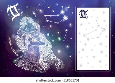 Gemini Zodiac sign.Twins Horoscope constellation,stars.Abstract space dark sky blurred background, stars,shiny bokeh.Vector science background.Symbol, Astrology Illustration,Gemini woman silhouette
