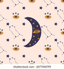 Gemini zodiac star seamless pattern. Gold illustration of astrological signs on a beige background. Mystic alchemy symbols. Esoteric magic manuscript. Sacred geometry art.