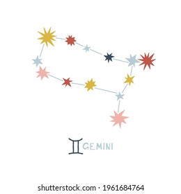 Gemini zodiac star sign clip art isolated on white. Celestial horoscope constellation vector illustration. Magical Boho baby spiritual astrological design.