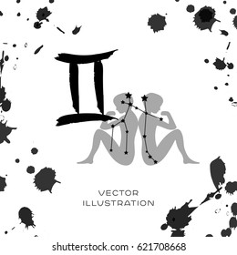 Gemini zodiac star sign vector illustration with constellation 