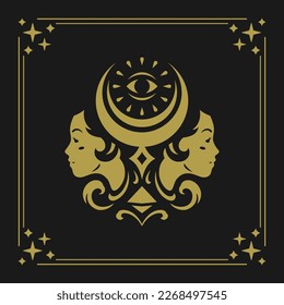 Gemini zodiac symbol astrology horoscope golden vintage card design with antique frame vector illustration. Twins astrological calendar sign alchemy occult half moon spiritual elegant ornament