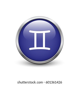 Gemini zodiac symbol, blue button with metal frame and shadow