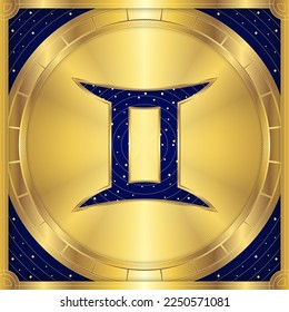 Gemini Zodiac Symbol, Classic Luxury Golden Greek Meander, Stellar Star Sign, Horoscope Astrology Fortune-Telling and Future Prediction, Element Badge Icon Vector Design Illustration.