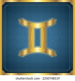 Gemini Zodiac Symbol, Classic Luxury Golden Elegant Contemporary Frame, Horoscope Astrology Fortune-Telling and Future Prediction, Air Element Badge Icon Vector Design Illustration.