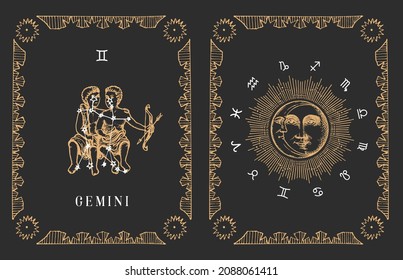 Gemini zodiac symbol and constellation on black background, drawn horoscope card in engraving style. Vintage illustration of astrological circle with Sun and Crescent in vector.