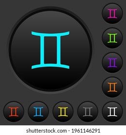 Gemini zodiac symbol dark push buttons with vivid color icons on dark grey background