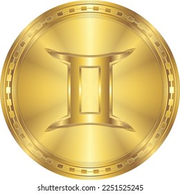 Gemini Zodiac Symbol Glowing Metal Round Gold Coin Digital Currency Icon Isolated on White Background Vector Illustration for Horoscope, Astrology.