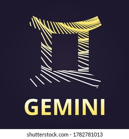 Gemini zodiac symbol, gold icon with inscription. Horoscope. Vector illustration