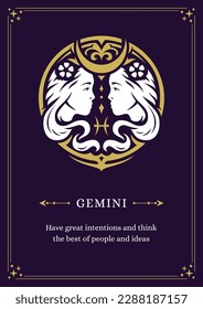 Gemini zodiac symbol horoscope astrology description purple vintage poster design template vector illustration. Woman twins astrological character floral ornament antique star frame mythology decor