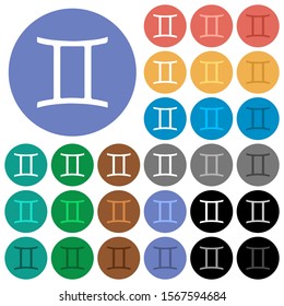 Gemini zodiac symbol multi colored flat icons on round backgrounds. Included white, light and dark icon variations for hover and active status effects, and bonus shades.