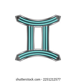 Gemini Zodiac Symbol Neon Light Glow Silver Metallic Letter Glyph Alphabet Horoscope, Astrology Icon Isolated on White Background.