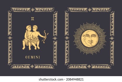 Gemini Zodiac Symbol auf schwarzem Hintergrund, gezeichnete Horoskop-Karte im Gravierstil. Vintage Illustration astrologischer Zeichen mit Sonne und Crescent in Vektorgrafik.