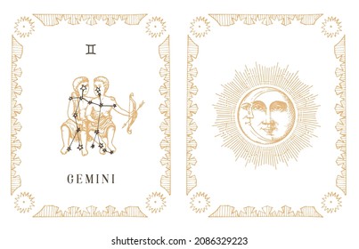 Gemini zodiac symbol on constellation background, drawn horoscope card in engraving style. Vintage illustration of astrological sign with Sun and Crescent in vector.