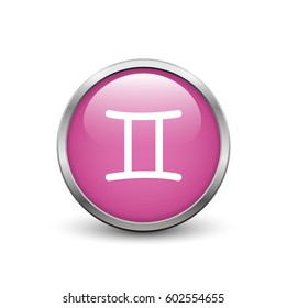 Gemini zodiac symbol, pink button with metal frame and shadow