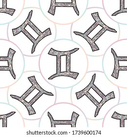 Gemini zodiac symbol vector seamless pattern. Horoscope background. Hand drawn astrological signs texture for wallpaper, wrapping paper, textile design, surface texture, fabrics.