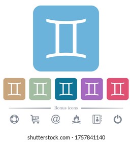 Gemini zodiac symbol white flat icons on color rounded square backgrounds. 6 bonus icons included