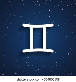 Gemini Zodiac Symbol, White Zodiac Icon On The Background Of Dark Blue Starry Sky